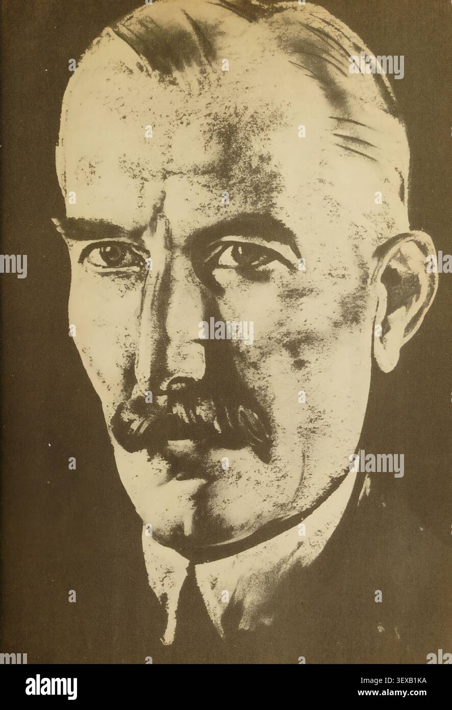 Jeremy M. Wilson storico britannico biografo scrittore che guarda direttamente con un'espressione determinata e pensiva, raffigurato in uno stile illustrativo. Da Seven Pillars of Wisdom: A Triumph di T. E. Lawrence (16 agosto 1888 – 19 maggio 1935) Foto Stock