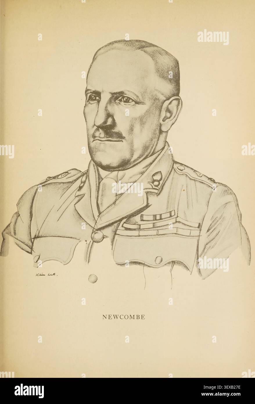 Il tenente colonnello Stewart Francis Newcombe, un ufficiale dell'esercito britannico, ritratto in un disegno storico, indossando la sua uniforme con medaglie e baffi distinti. Da Seven Pillars of Wisdom: A Triumph di T. E. Lawrence (16 agosto 1888 – 19 maggio 1935) Foto Stock