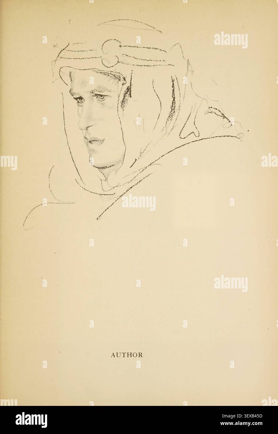 Il disegno ritratto cattura un uomo anonimo che indossa un keffiyeh o un tradizionale velo arabo, presentato come autore per una pubblicazione, che riflette figure storiche e narrazione. Da Seven Pillars of Wisdom: A Triumph di T. E. Lawrence (16 agosto 1888 – 19 maggio 1935) Foto Stock
