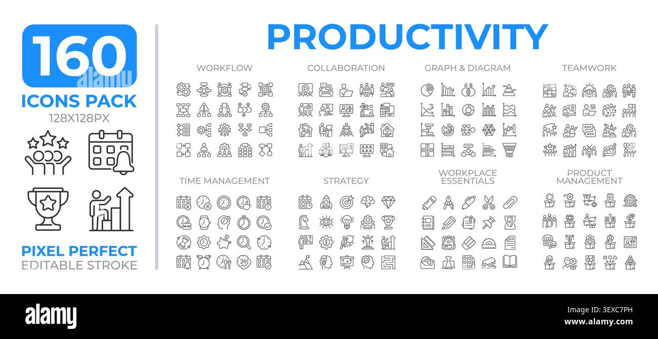 Raccolta set di icone della linea di produttività Illustrazione Vettoriale