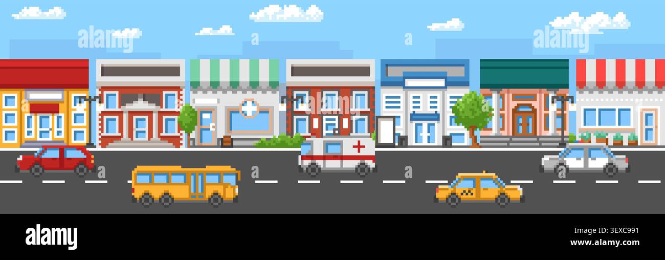 Pixel City Street. Gioco arcade retrò, edifici a 8 bit, negozi e negozi, trasporti urbani, carreggiata, alberi, piante, sfondo orizzontale Illustrazione Vettoriale
