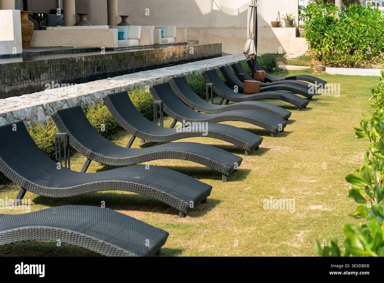 Fila di moderni lettini da sole intrecciati su un prato verde a bordo piscina in una villa tropicale per le vacanze nelle giornate di sole Foto Stock