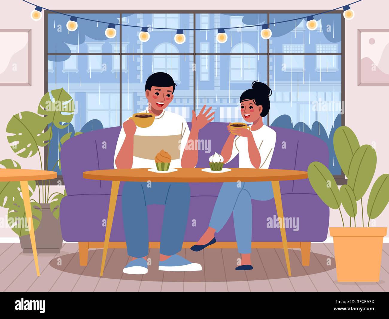 Accogliente giornata di pioggia nel caffè. Coppia felice che beve caffè e parla vicino alla finestra, caldo stile di vita interno, atmosfera hygge, mangiare cupcake, cordiale Illustrazione Vettoriale