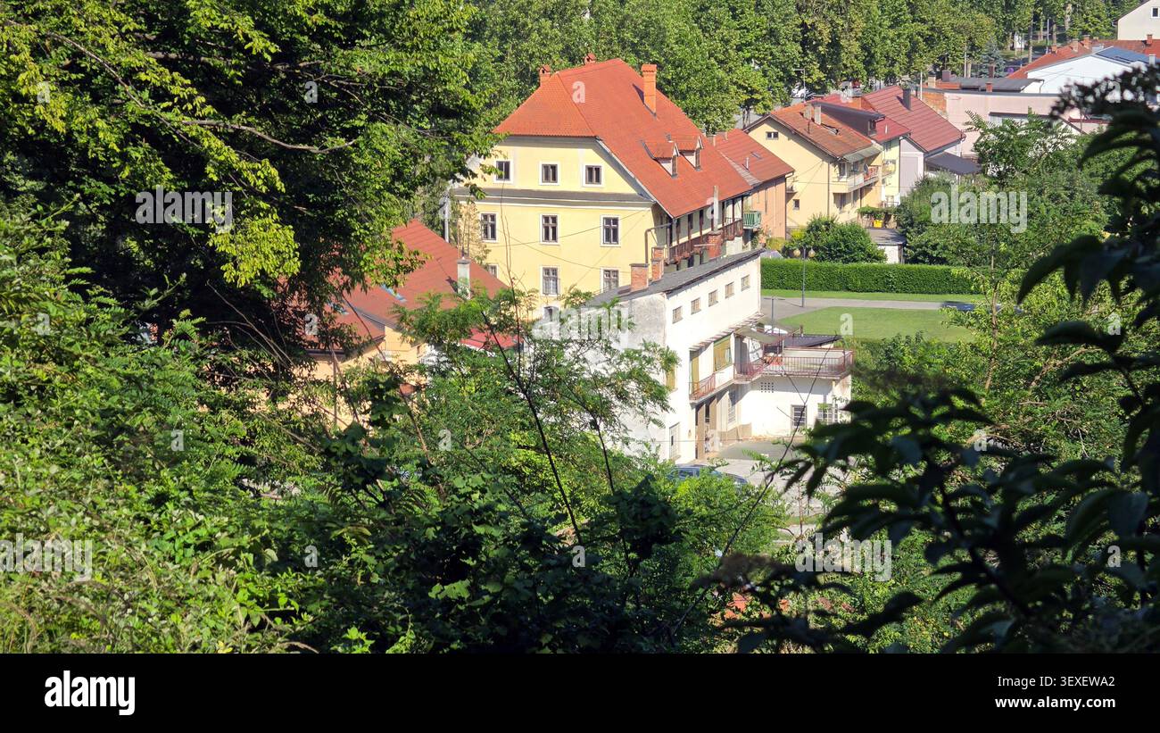 Una prospettiva sopraelevata cattura case a più piani e un edificio giallo con tetti a spiovente accoccolati tra lussureggianti fronti verdi e alberi estivi Foto Stock
