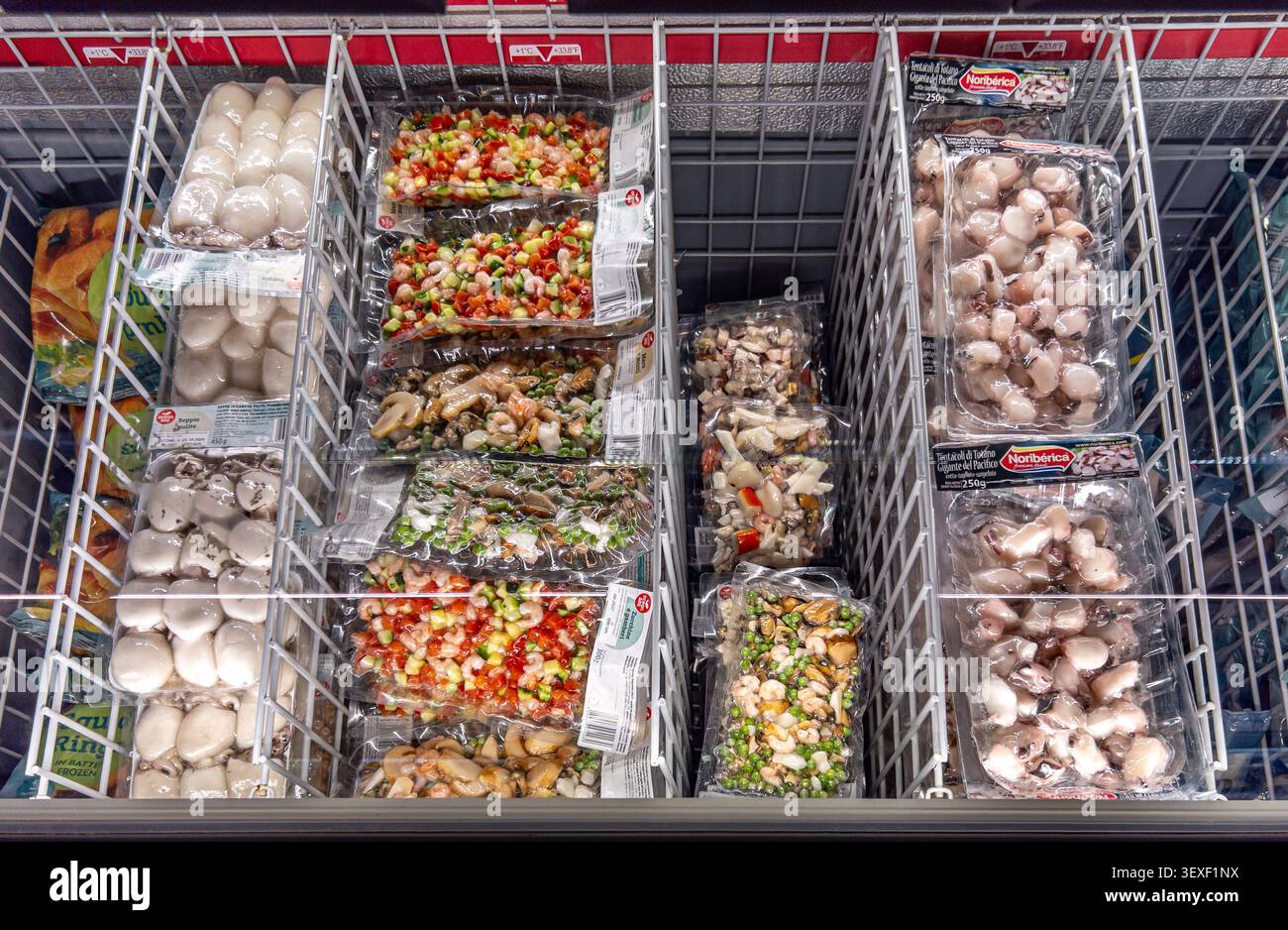 Italia - 30 giugno 2026: Ampia selezione di frutti di mare surgelati confezionati, tra cui seppie, polpo, gamberetti e insalata mista di pesce con verdure, ordinata Foto Stock