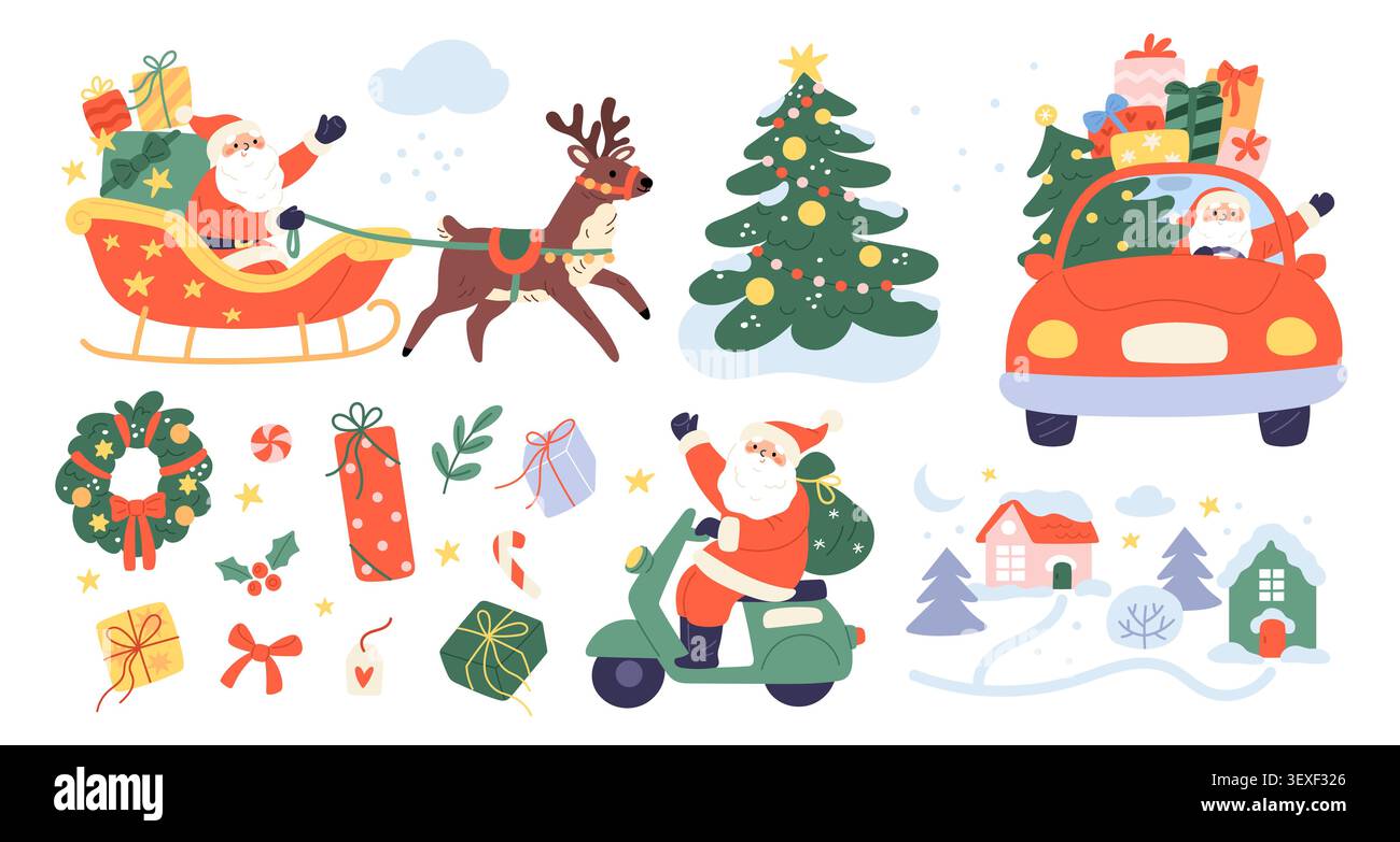 Elementi natalizi cartoni animati. Personaggi divertenti di babbo natale, trasporto alternativo per le vacanze per la consegna dei regali, albero, corona di Natale, neve, arredamento stagionale, consegna Illustrazione Vettoriale