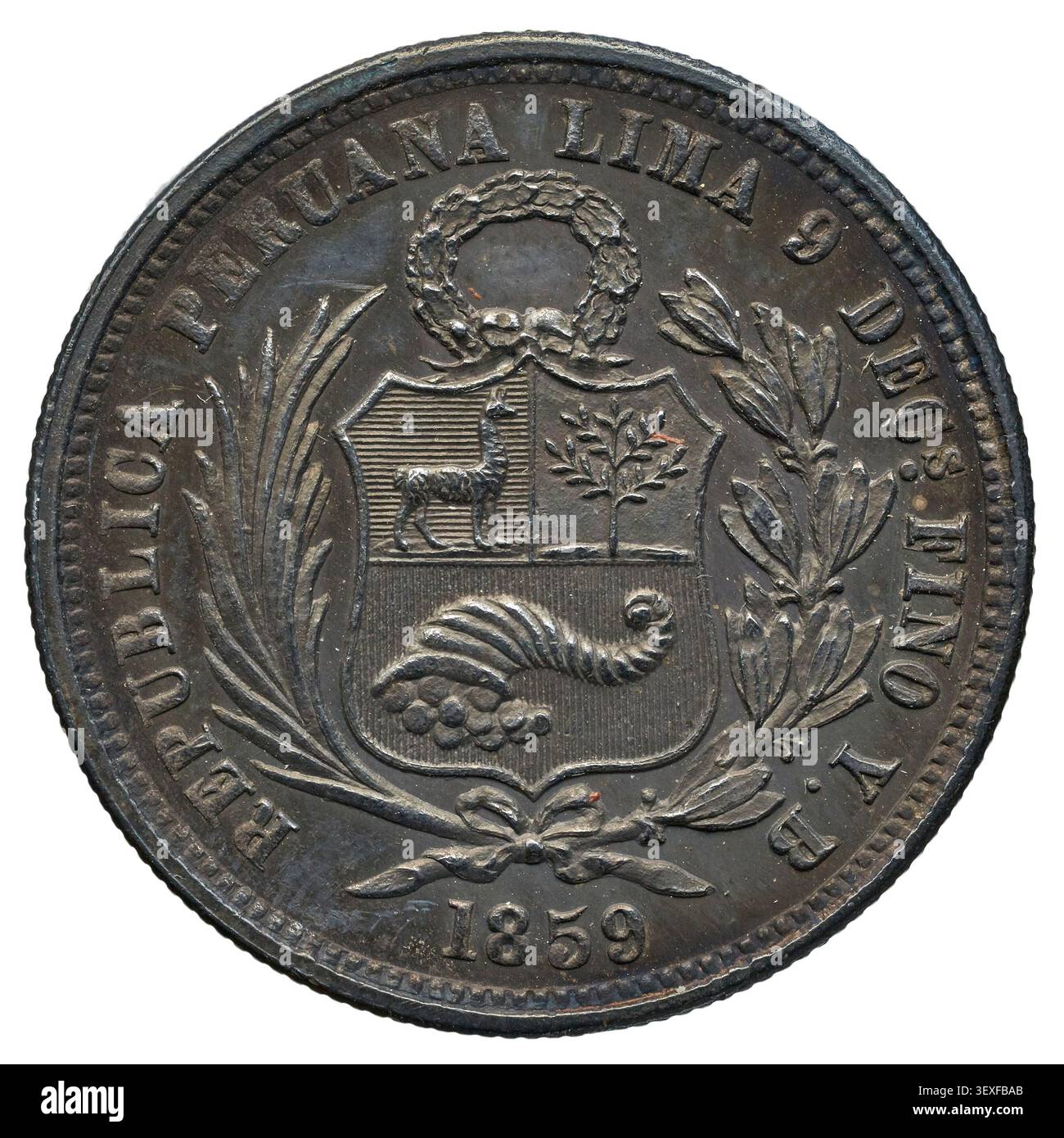 Una moneta da 50 centesimi della Repubblica del Perù, datata 1859, in latino. Foto Stock