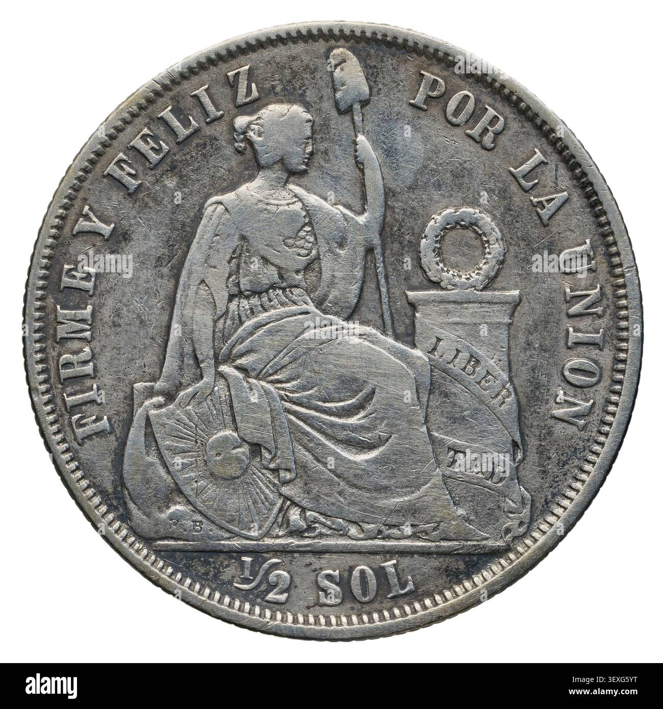 Una moneta da 50 centesimi della Repubblica del Perù, datata 1865, in latino. Foto Stock