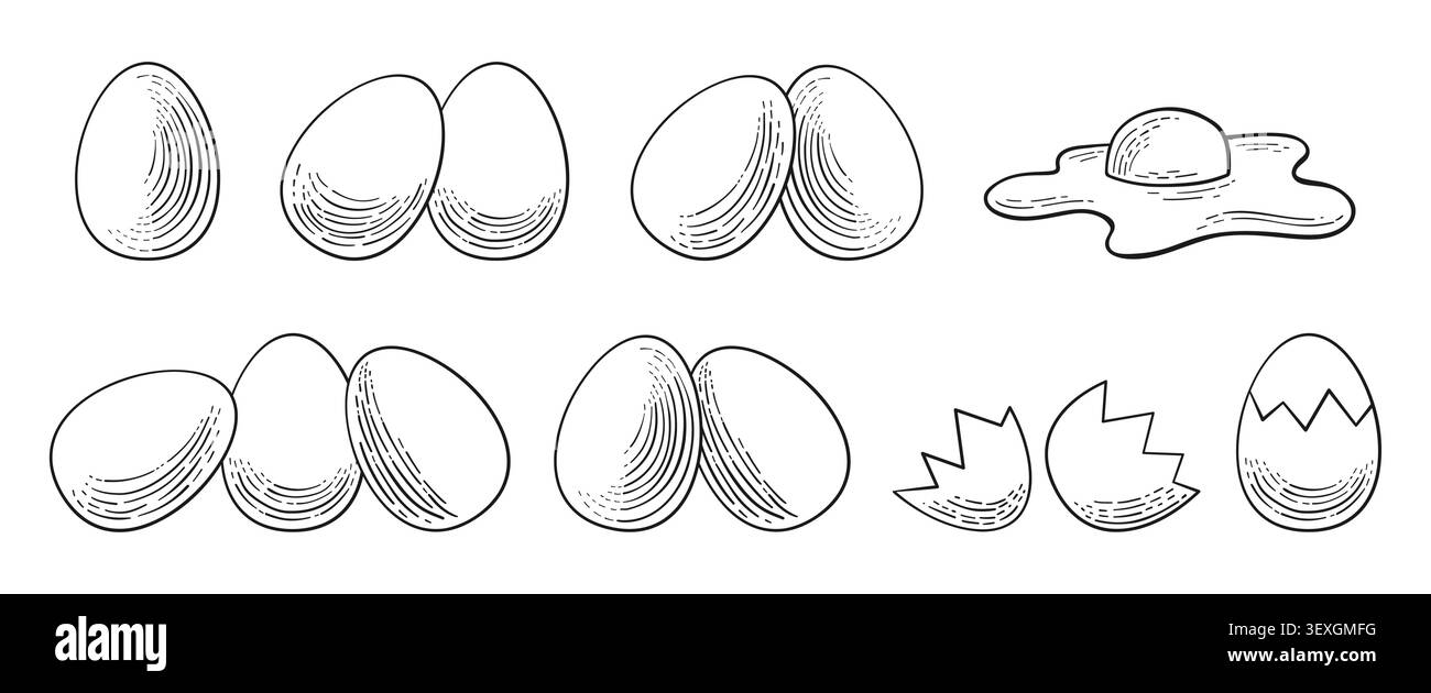 Set di icone uovo. Contorno e uova di Pasqua solide, doodle d'uovo fritto, simboli rotti di guscio d'uovo incrinato, carino cartoni animati kawaii. Raccolta di uova di pollo per design e decorazione. Illustrazione vettoriale Illustrazione Vettoriale