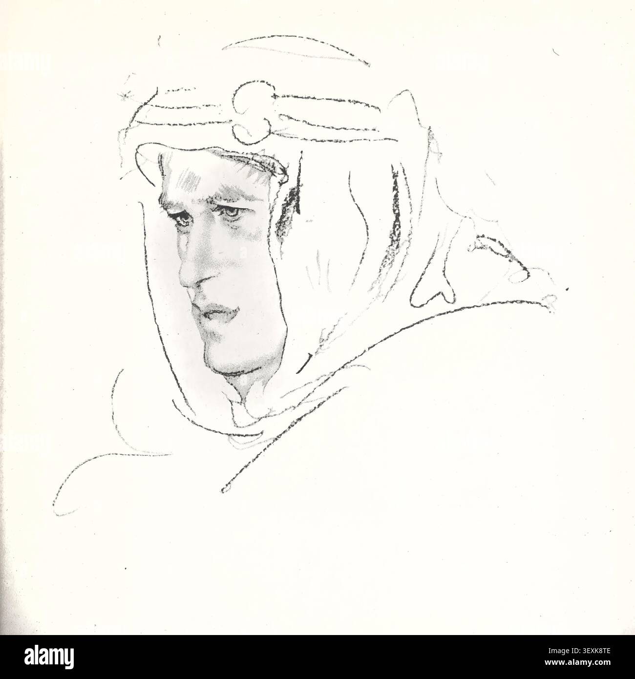 Il disegno ritratto cattura un uomo anonimo che indossa un keffiyeh o un tradizionale velo arabo, presentato come autore per una pubblicazione, che riflette figure storiche e narrazione. Da Seven Pillars of Wisdom: A Triumph di T. E. Lawrence (16 agosto 1888 – 19 maggio 1935) Foto Stock