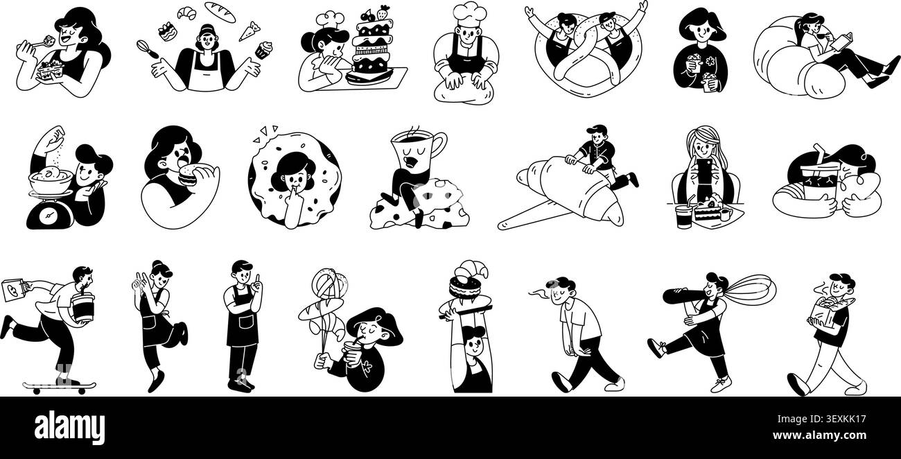 Simpatici panetterie disegnate a mano che giocheranno e si divertiranno con personaggi dei cartoni animati con pane, croissant, ciambelle, torte, bevande ed elementi da forno nel ch Illustrazione Vettoriale