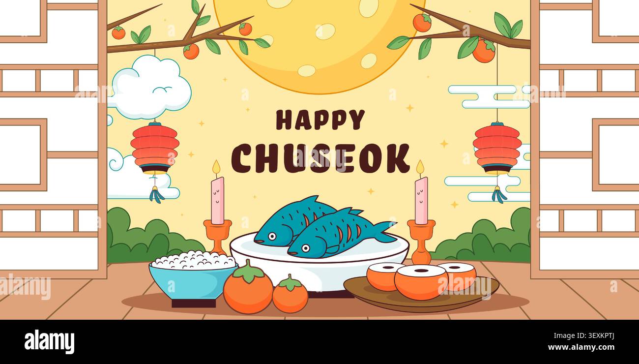 Banner Happy Chuseok orizzontale con tavolo coreano tradizionale Illustrazione Vettoriale