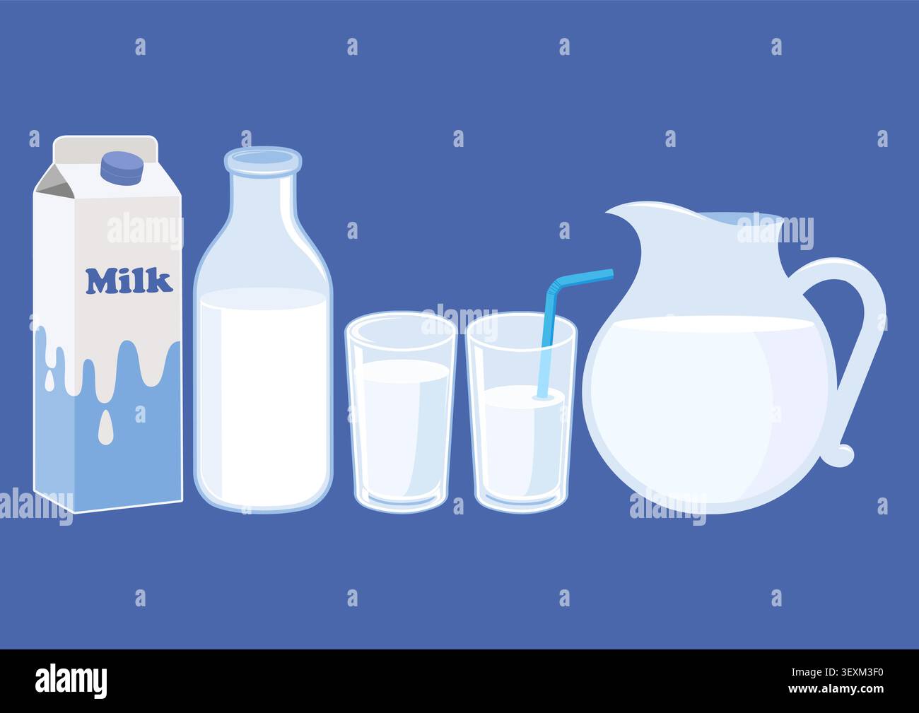 Latte fresco per la colazione. Caraffa, scatola del latte e bicchiere di latte. Brocca del latte, bere il prodotto in contenitori diversi, bottiglia di latte vaccino. Illustrazione Vettoriale