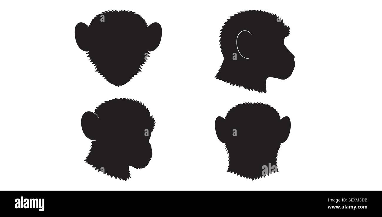 Set vettoriale silhouette nera di icone profilo faccia testa scimmia e scimmia Illustrazione Vettoriale