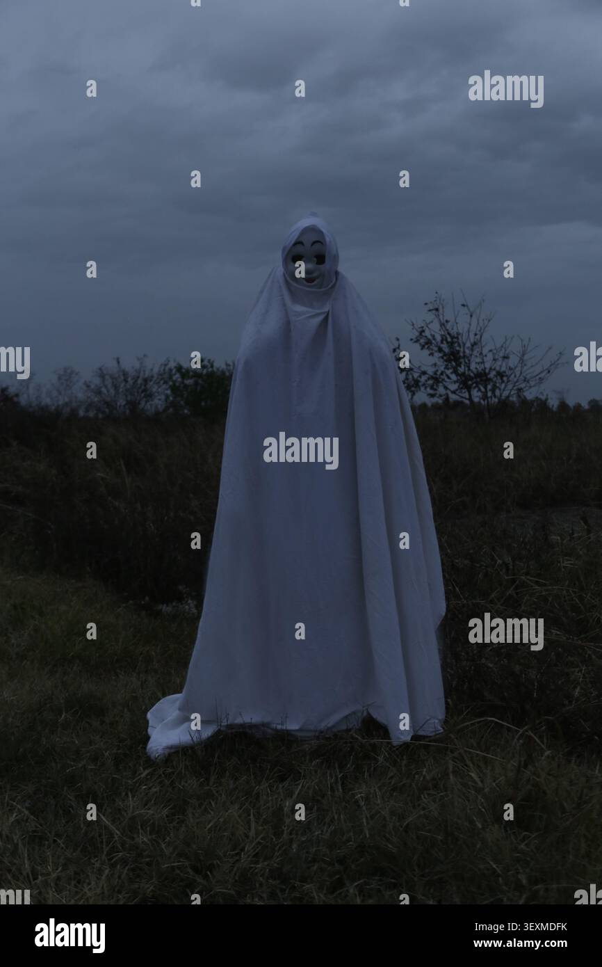 Misteriosa creatura bianca surreale che vagava per la campagna abbandonata, concetto horror popolare dall'atmosfera suggestiva. Foto Stock