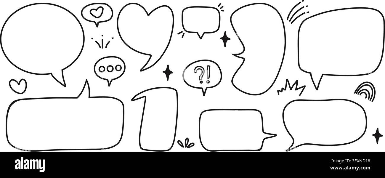 Set di doodle per bolla da discorso disegnato a mano. Fumetti: Bollature chat, caselle messaggi, cornici di schizzo e illustrazione vettoriale nuvole di testo. Contorno isolato Doodle Co Illustrazione Vettoriale