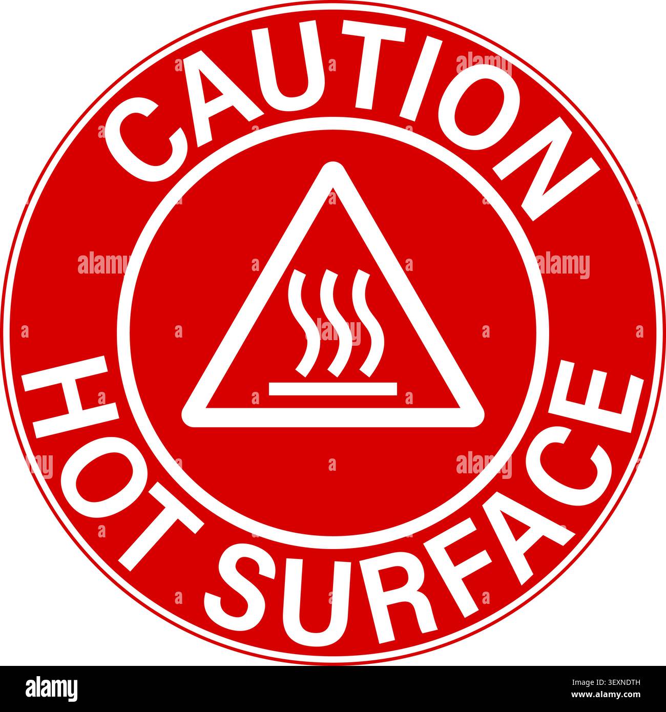 Attenzione, superficie calda. Segnale di pericolo cerchio rosso con testo curvo, simbolo delle onde di calore e triangolo di allarme. Adesivo. Illustrazione Vettoriale