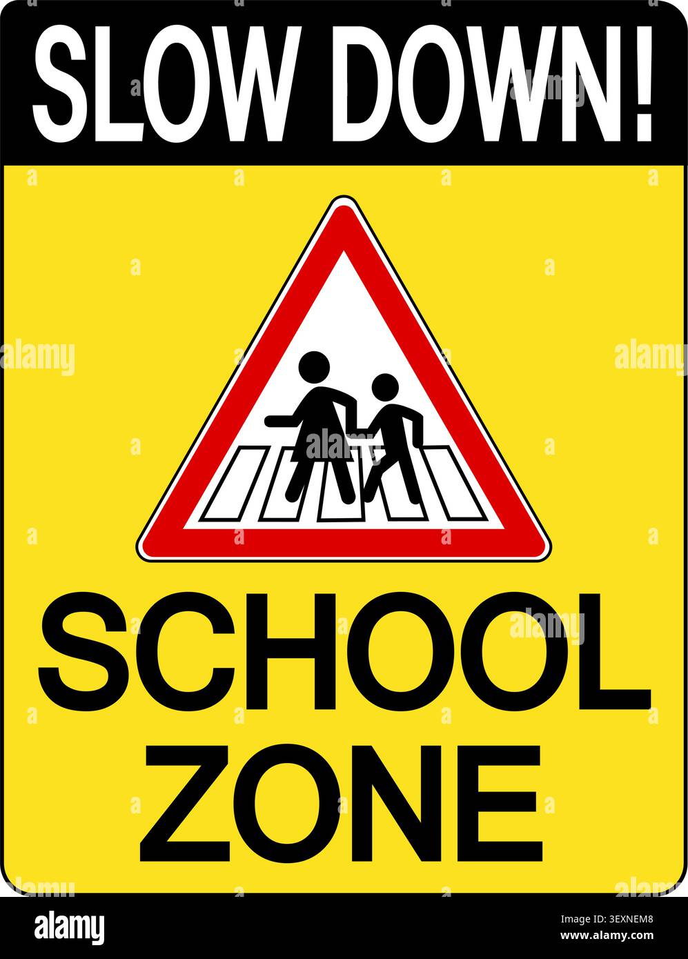 Rallenta, zona scuola. Cartello segnaletico con le persone sulla passerella all'interno di un cartello giallo. Testo sopra e sotto. Illustrazione Vettoriale
