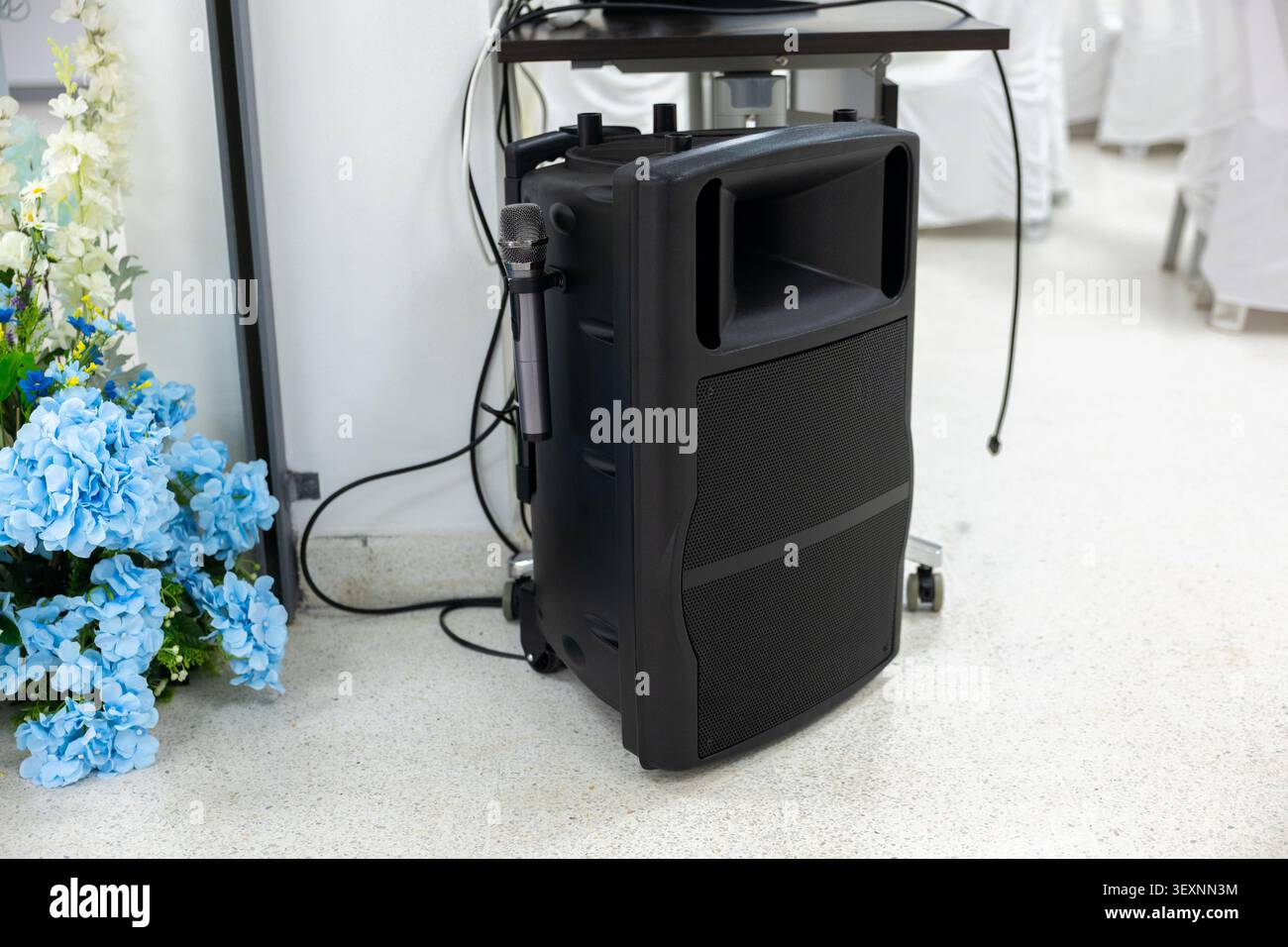 Altoparlante portatile microfono nero attrezzatura audio tecnologia per eventi interni impianto audio pavimento musica per comunicazioni moderne elettronica floreale blu flowe Foto Stock