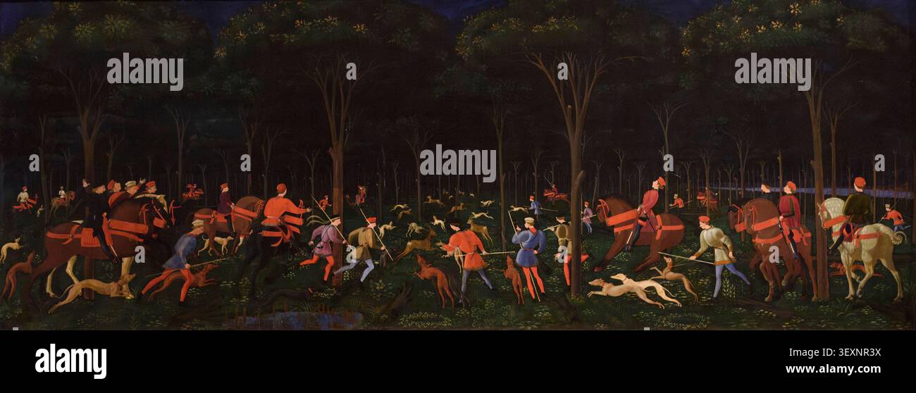 Uccello (Paolo di dono, 1397-1475), la caccia nella foresta, ca. 1470. Foto Stock