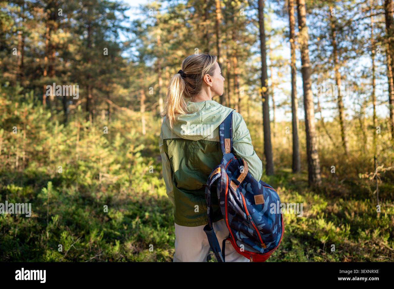 Una donna che viaggia in zaino in spalla ama fare un viaggio da sola nella foresta autunnale e praticare attività ricreative tranquille per alleviare lo stress Foto Stock