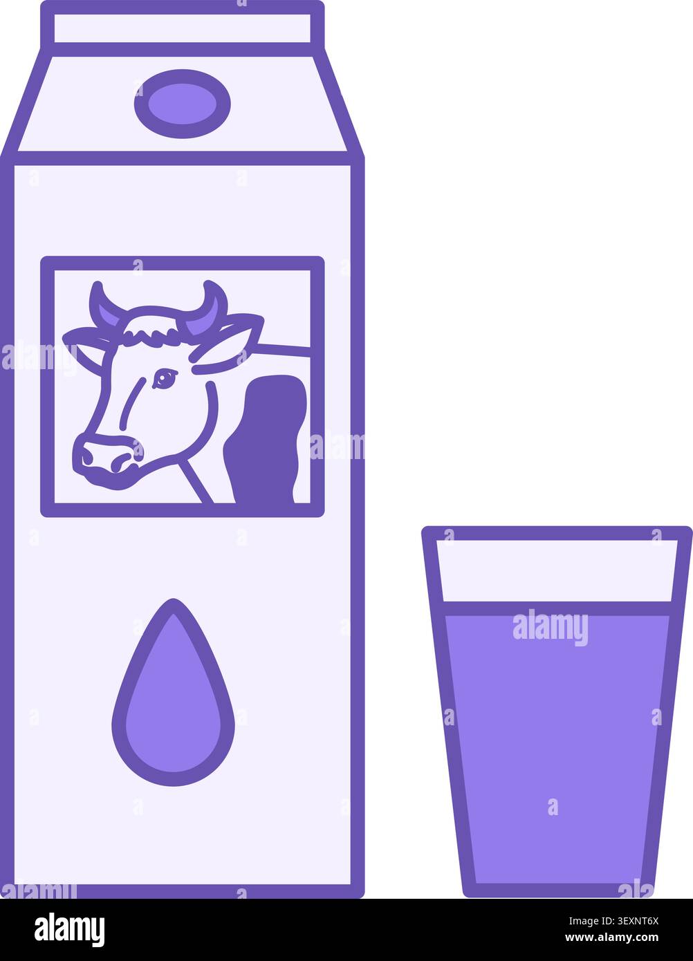 Icona del latte colorata. Illustrazione vettoriale. Latte in confezione e bicchiere con latte. Prodotti lattiero-caseari, alimenti. Concetto di drogheria Illustrazione Vettoriale