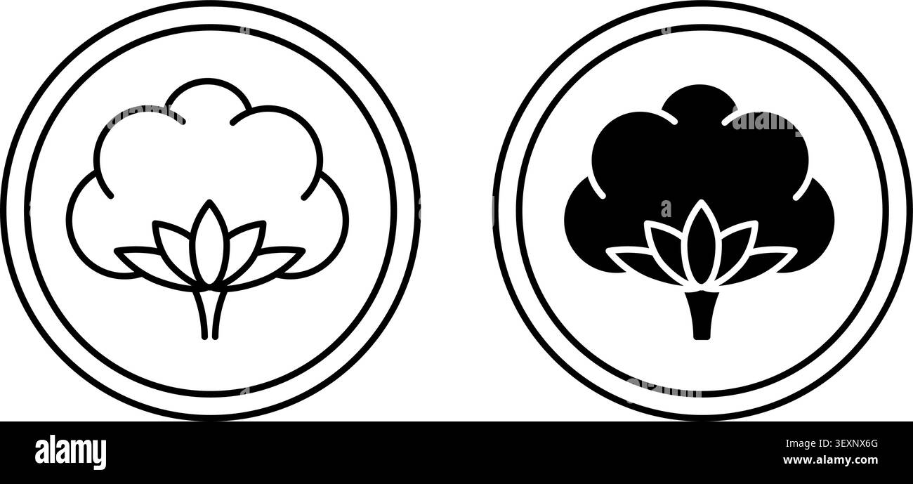 Icone del cotone organico. 100% cotone naturale, tessuto naturale, tessuto organico. Logo rotondo vettoriale, adesivo, logo, timbro, etichetta. Fiore di cotone Illustrazione Vettoriale