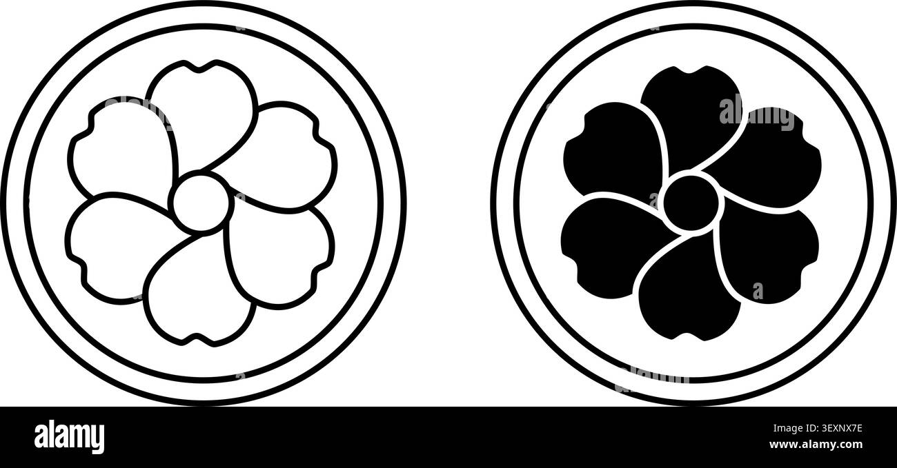 Icone di lino organico. Tessuto naturale. Etichetta simbolica per indumenti in lino. Logo rotondo vettoriale, adesivo, logo, timbro, etichetta. Icona del fiore Illustrazione Vettoriale