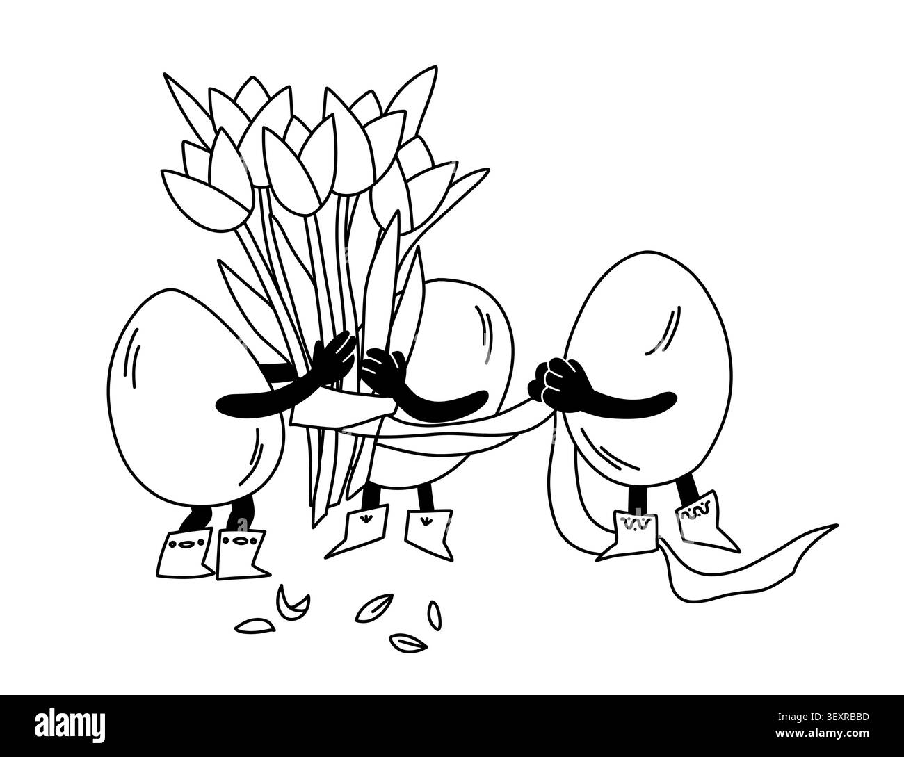 Le uova negli stivali raccolgono un mazzo di fiori di tulipani legati a personaggi primaverili del nastro. Illustrazione vettoriale Illustrazione Vettoriale