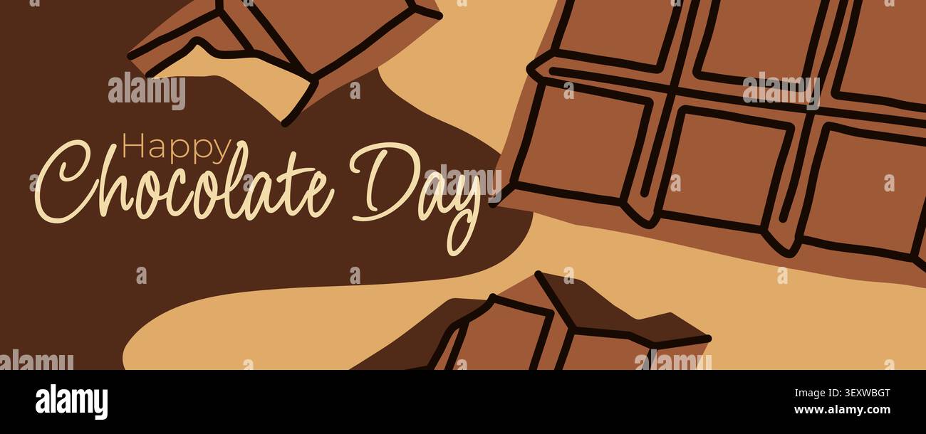 Modello per banner panoramico Happy Chocolate Day con grandi barrette di cioccolato bitten disegnate a mano per la promozione Sweet Shop Illustrazione Vettoriale