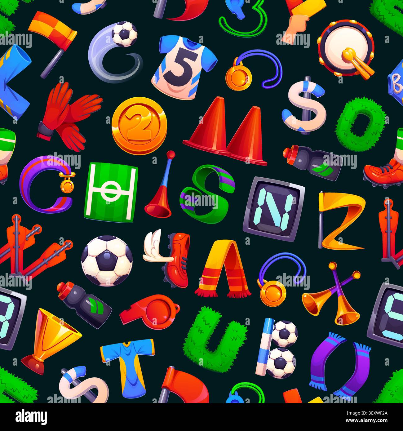 Carattere da calcio lettere tipo calcio motivo senza cuciture Illustrazione Vettoriale