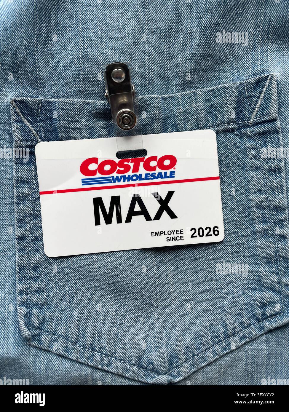 Primo piano di un tag ID dipendente denominato Max presso il negozio all'ingrosso Costco, 2026, Stati Uniti - Immagine stock catturata con smartphone