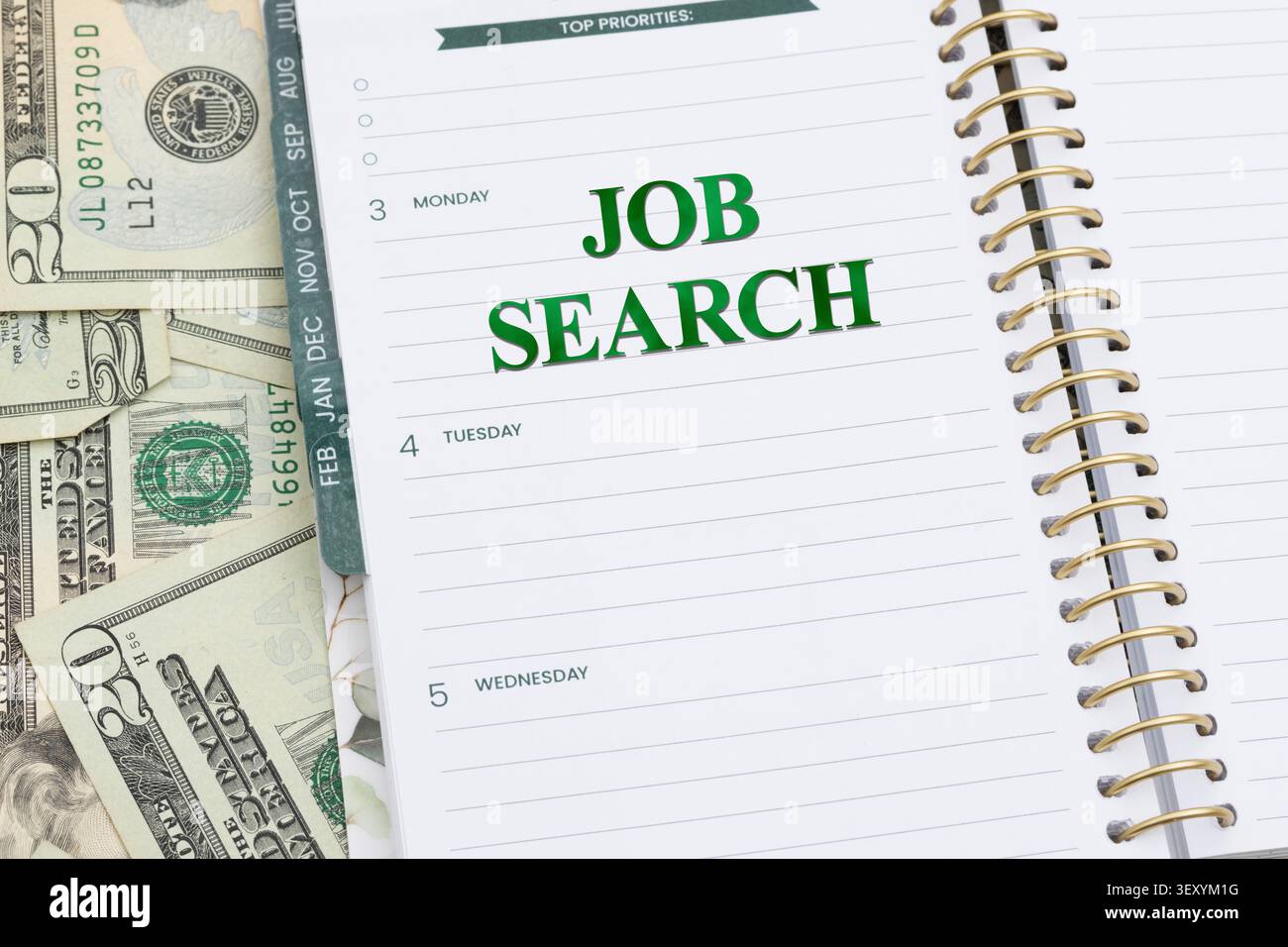 Messaggio per la ricerca di lavoro con un notebook open day planner sui soldi per la pianificazione del lavoro, il budget della carriera, la strategia di ricerca del lavoro Foto Stock