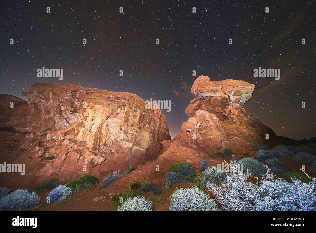 Valle del Roccia di Camel delle Formazioni di Arenaria del Fuoco e Cielo Stellato Foto Stock