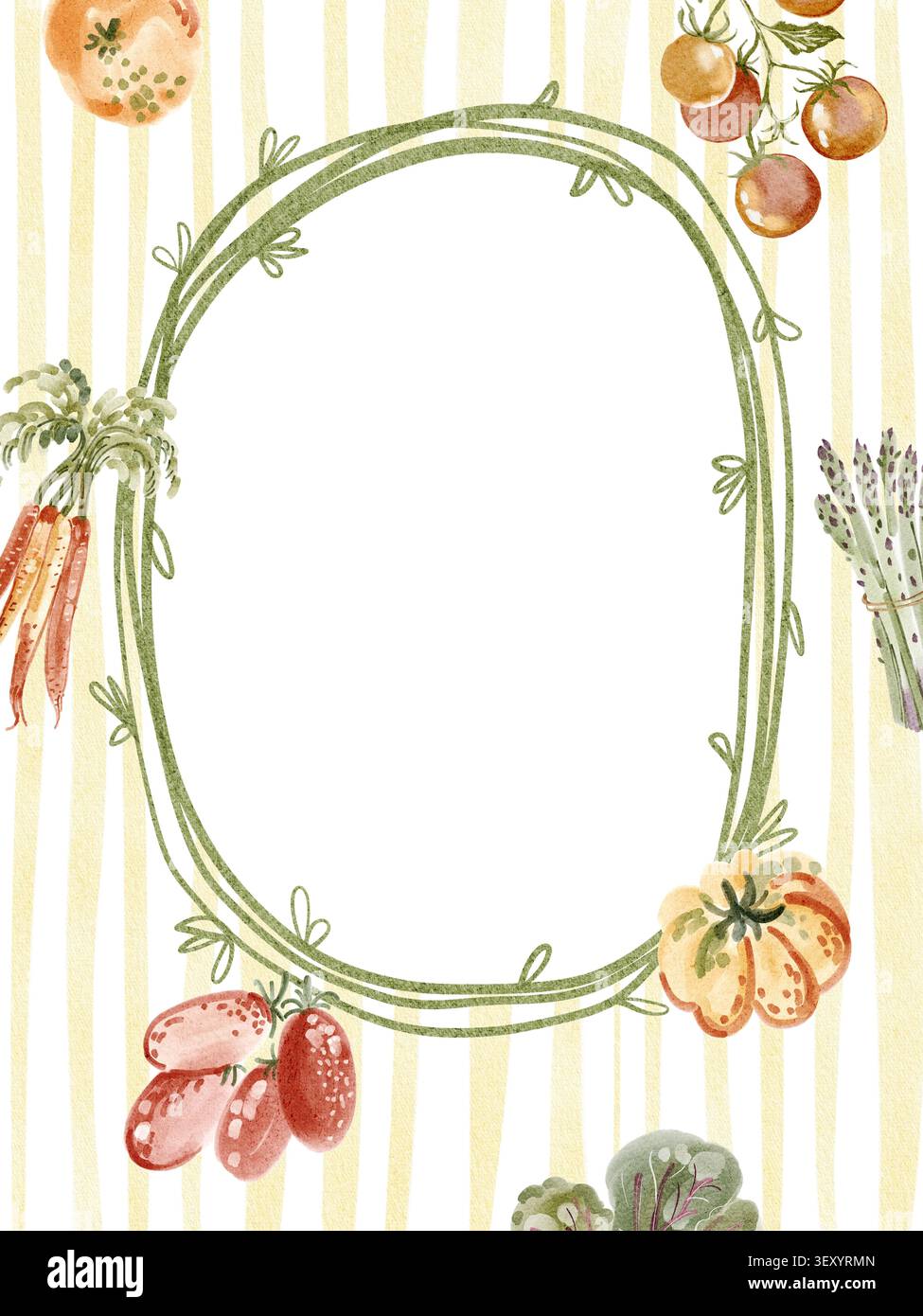 Il bordo vegetale ha pomodori e carote acquerelli. La cornice rustica dipinta a mano crea uno sfondo accogliente. Il modello di invito funziona per il saluto nuziale Foto Stock