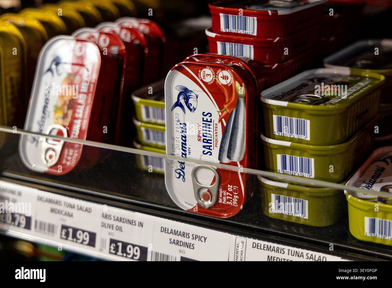 Pesce in scatola e sardine su uno scaffale del supermercato Foto Stock