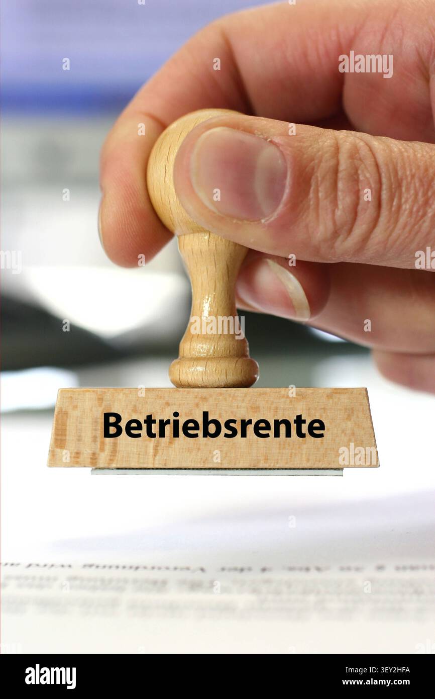 Stempel, Holzstempel, Aufschrift: Betriebsrente McPKST *** timbro, timbro in legno, iscrizione: Società Pension McPKST McPKST DATA RECORD NON INDICATA Foto Stock