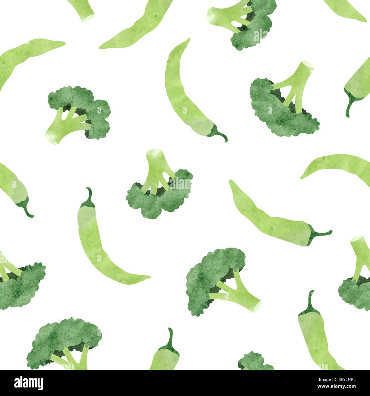 Verdure verdi senza cuciture con broccoli acquerelli e pepe Illustrazione Vettoriale