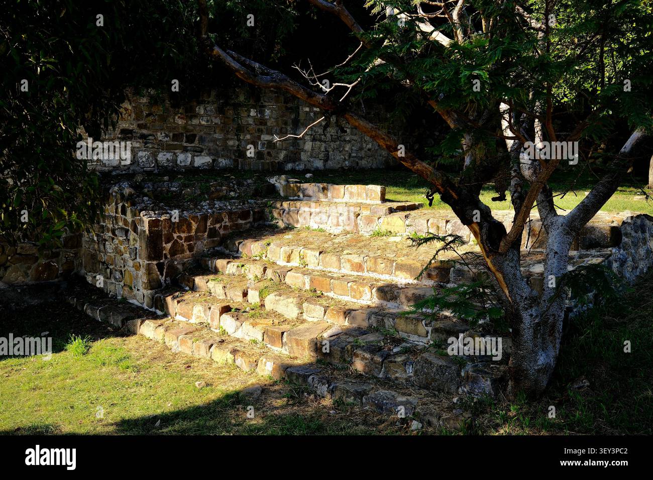 Monte Alban, Oaxaca, Messico – 9 novembre 2025: Rovine della piramide zapoteca con gradini e muro in pietra Foto Stock