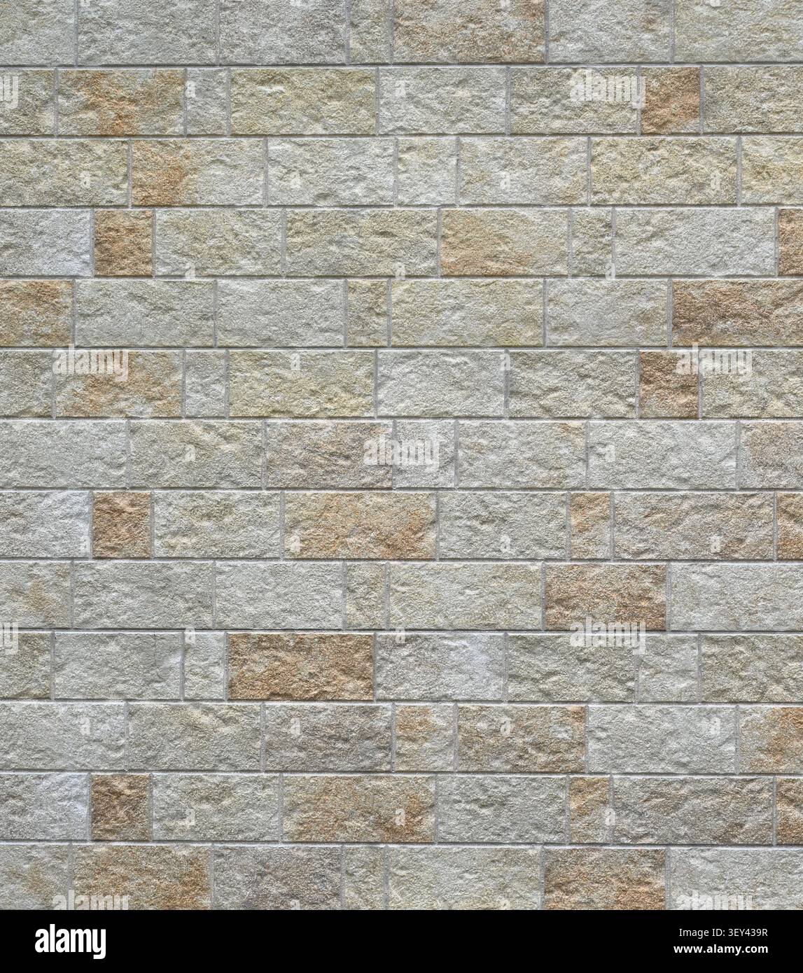 Primo piano di una parete rettangolare di roccia e Malta con pietre segate di dimensioni uniformi in file orizzontali Foto Stock