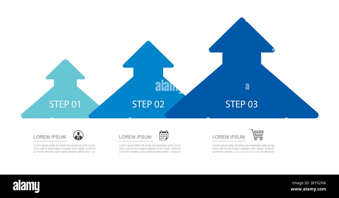 Modello infografico aziendale con tre fasi di crescita del layout di successo. Illustrazione Vettoriale