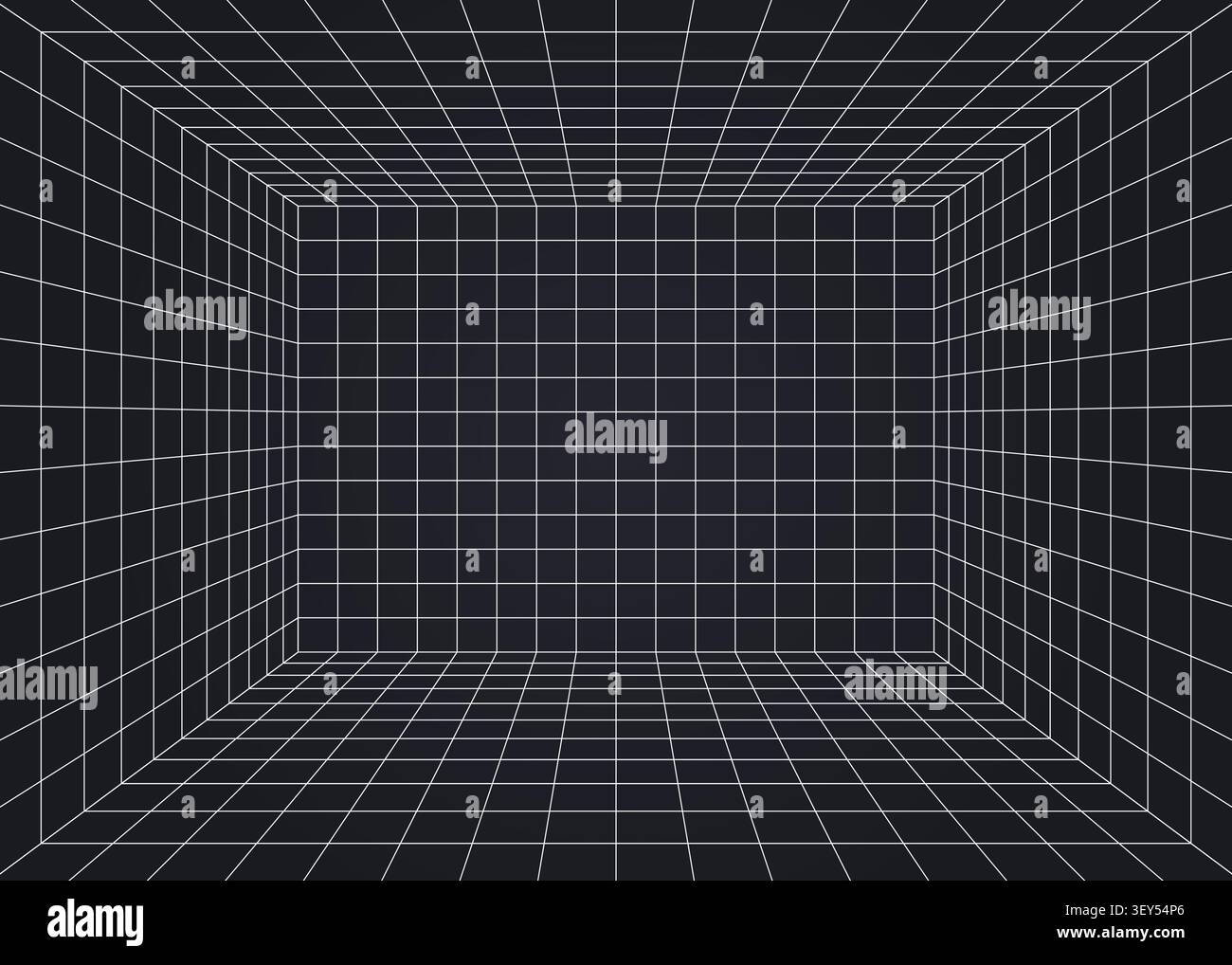 Sala griglia prospettica 3D con linee bianche su sfondo nero, che crea un tunnel della matrice digitale o uno spazio virtuale. Illustrazione Vettoriale