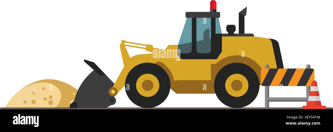 Illustrazione di una pala gommata gialla con un mucchio di sabbia, un cono stradale, una barriera di sicurezza. Illustrazione Vettoriale