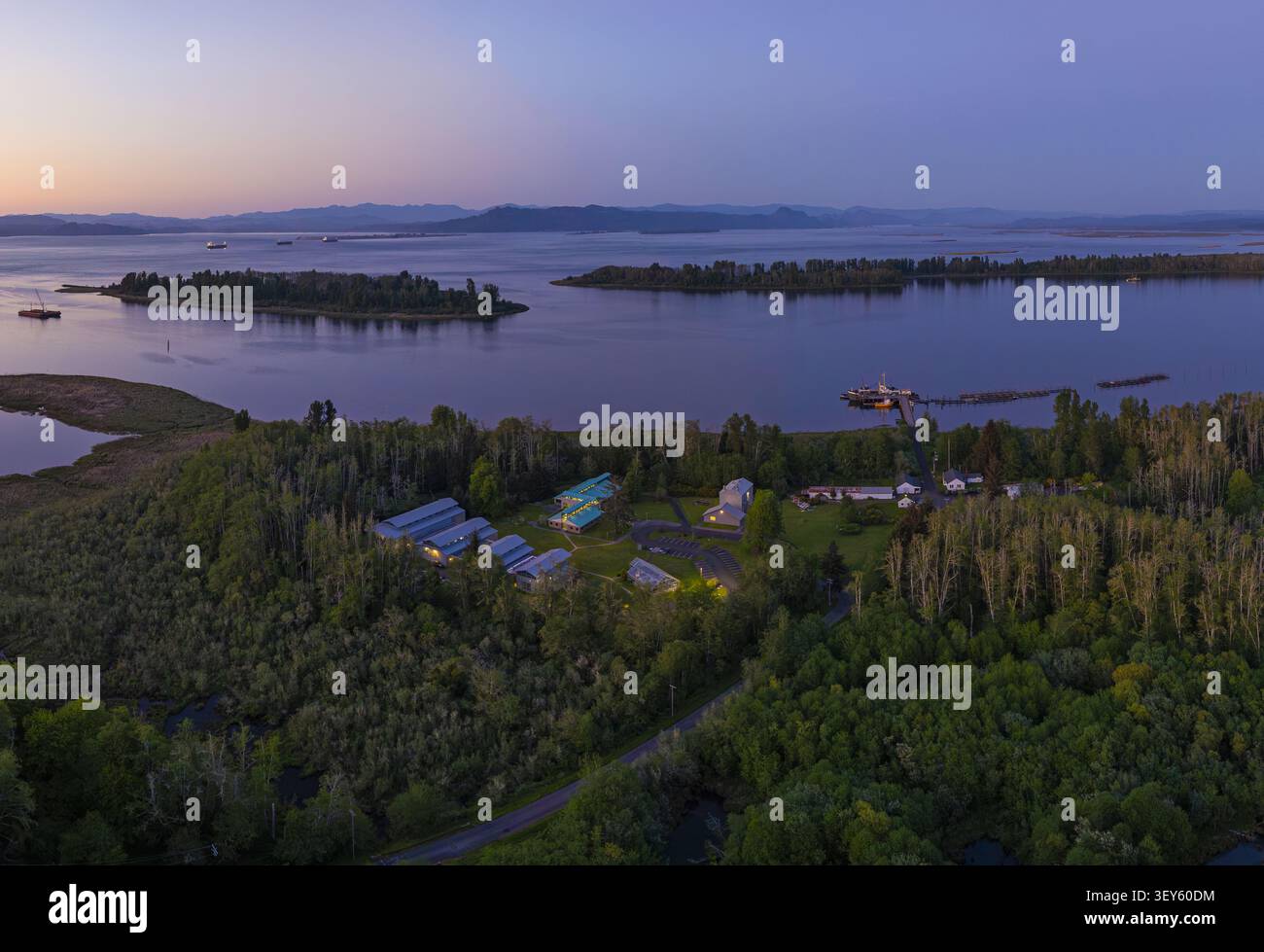 Vista aerea del fiume Columbia che scorre attraverso un gruppo di edifici annidati nelle lussureggianti foreste di Astoria, Oregon, Stati Uniti. Foto Stock