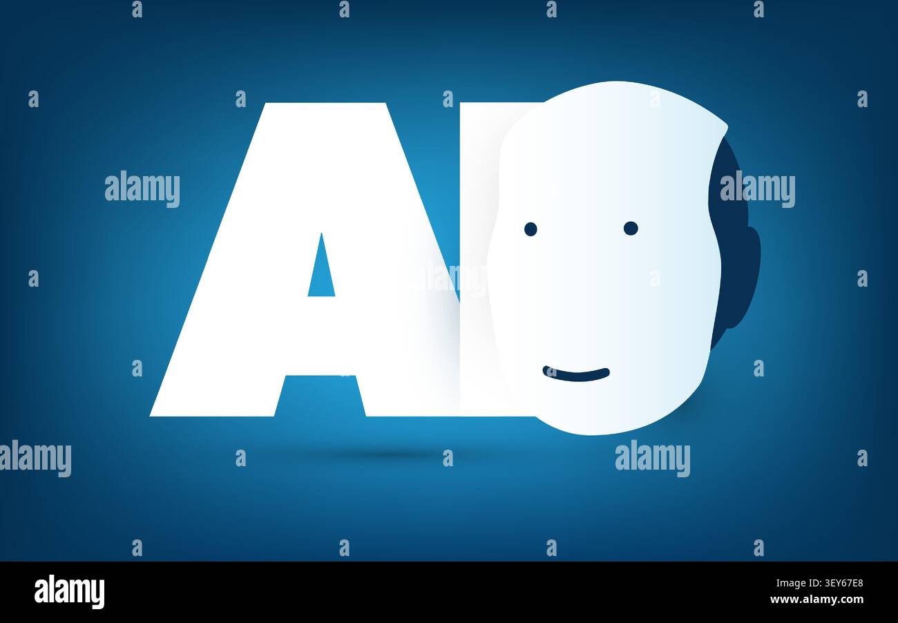 Blue ai, mi, Deep Learning e Future Technology Concept Design con lettere audaci dell'acronimo di intelligenza artificiale, Label and robot Head - Conce Illustrazione Vettoriale