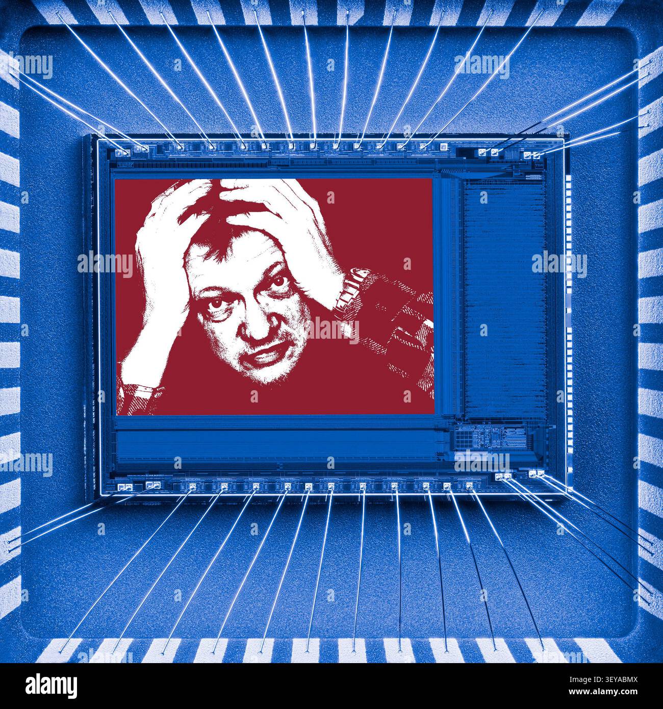 Prima piano del volto umano in un'immagine astratta all'interno del sensore di immagine di una fotocamera digitale. Creazione immaginaria di una foto di una persona che tiene la testa catturata nell'imager. Foto Stock