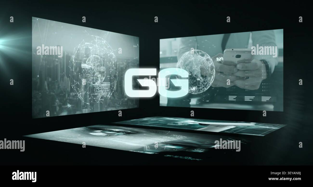 Logo GG centrale di Play pulsante, globo olografico rotante, linee di dati che si spostano mostrando il brand Foto Stock