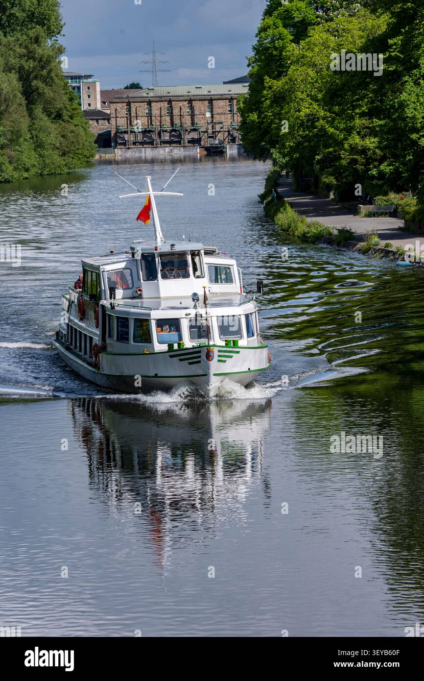 Il «Friedrich Freye», una barca da diporto appartenente alla Weiße flotte, sul fiume Ruhr vicino a Mülheim, all'inizio del Dohneinsel, che viaggia verso l'alto Foto Stock