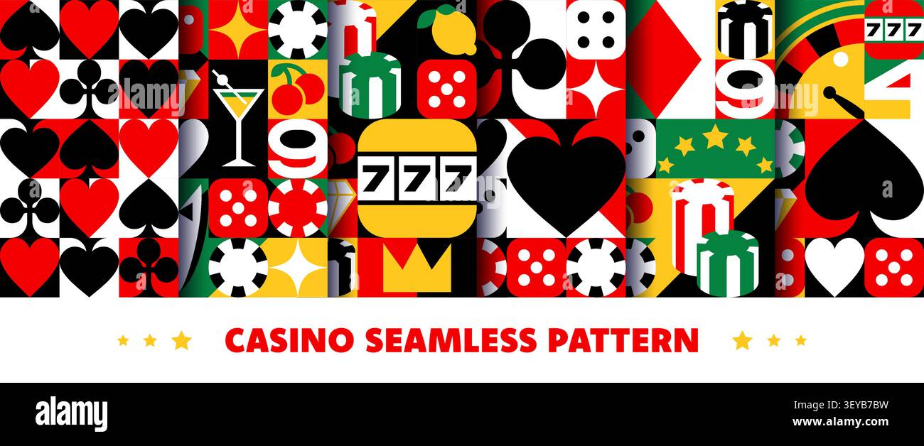 Giochi di casinò e gioco d'azzardo pattern senza interruzioni con elementi geometrici a mosaico. Sfondi in mattonelle retrò e moderne con tute da carte da gioco, patatine da poker, dadi e slot 777. Ruota della roulette, cocktail e ciliegie Illustrazione Vettoriale
