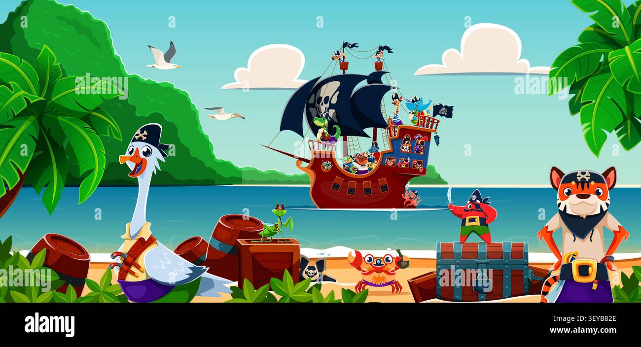 Cartoni animati divertenti animali pirati e nave corsara. Vivace illustrazione dell'equipaggio di animali pirati sulla spiaggia tropicale. Giocherellone d'oca, tigre e granchio per libri per bambini e decorazioni per la nursery Illustrazione Vettoriale
